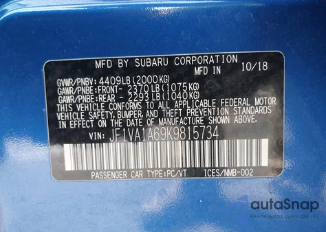 2019 Subaru Wrx from USA, damaged, VIN JF1VA1A69K9815734